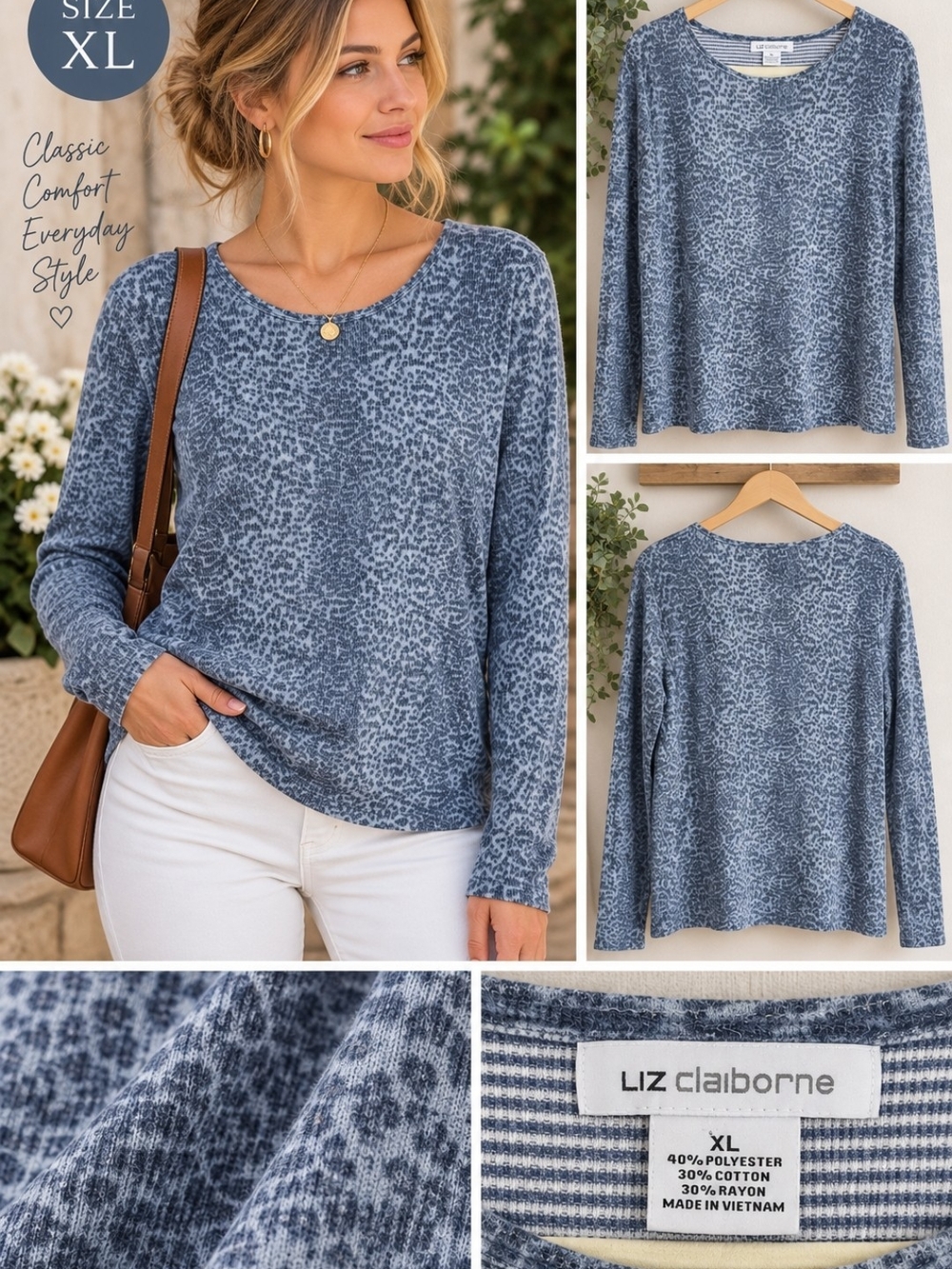 LIZ CLAIBORNE Blue Gray Textured Ribbed Print Long Sleeve Top XL
